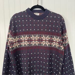 Vintage Mens Crewneck Sweater Snowflake Pattern Ski Knit Navy Blue Maroon Large